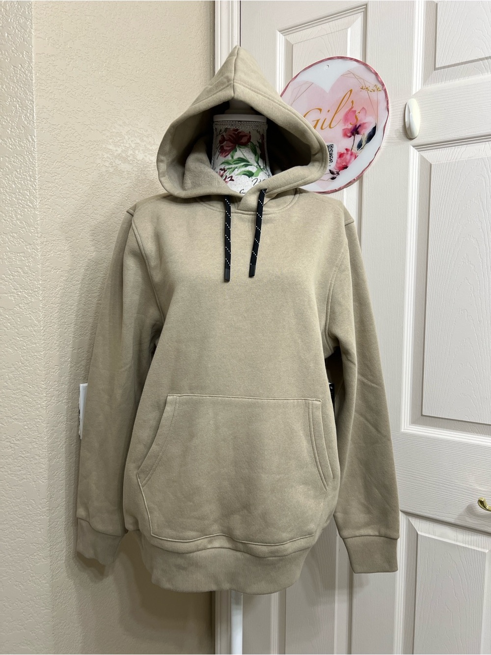 Zella Men’s Crewneck Hoodie in Light Beige with Black Drawstrings